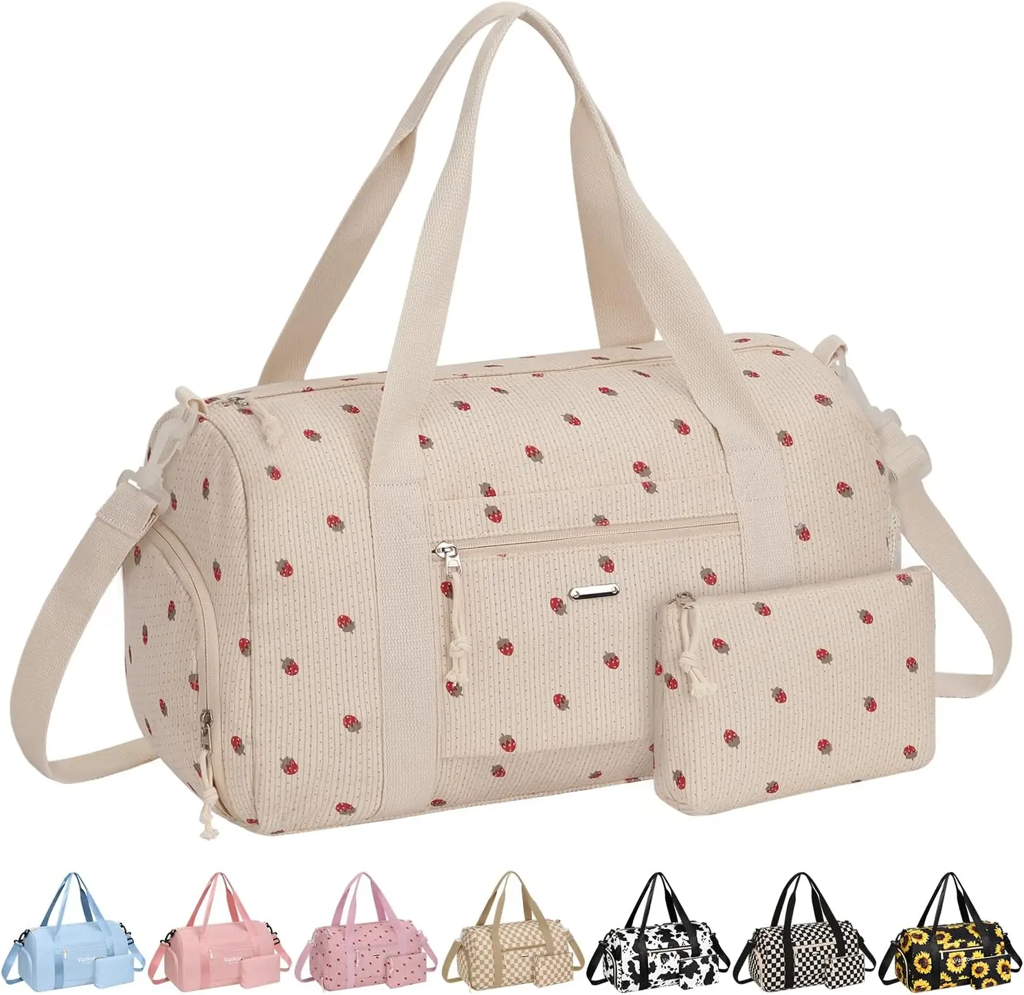 Vankor Gym Bag for Women, 17.5 Inch Sports Duffle Bag with Shoe Compartment | Waterproof Dance Bag for Girls, Carry on Duffel Bag with a Strap for Weekender Travel Overnight Bag,Beige Corduroy Strawberry