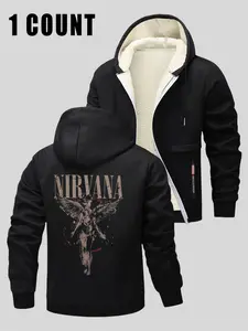 Men's Warm Fleece Lined Hooded Zipper Graphic Jacket, Long Sleeve Casual Winter Coat, Thick Kint Fabric, Perfect Gift for Boyfriend