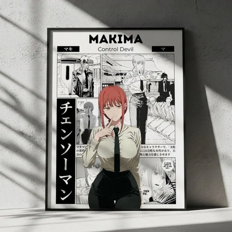 Chainsaw Man Makima Artistic Photo Poster, Houndstooth-Herringbone Plaid Military-Themed Manga Paper Wall Art, 12x18/16x24 Mounted Decor, 200-400yr Longevity Gift for Anime Fans (Wardrobe, Kid Room, Balcony Use)