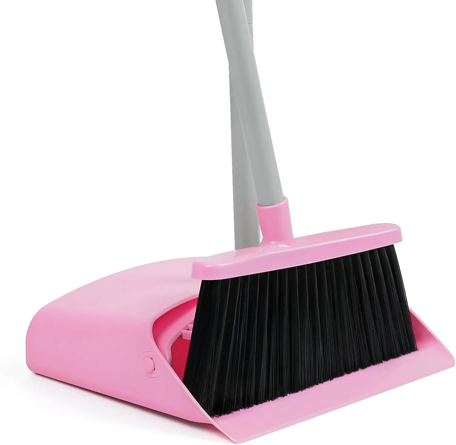 Broom and Dustpan Combo Set – REEWII 58” Adjustable Handle with Stand-Up Dustpan & Teeth for Home, Office Floor Cleaning (Pink)