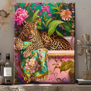 Leopard Pattern Framed Oil Painting, 1 Piece Modern Wall Decoration Painting, Home Living Room Bedroom Office Wall Decoration, Home Decor, Wrapped Canvas Frame, Decoration Decorative Wood