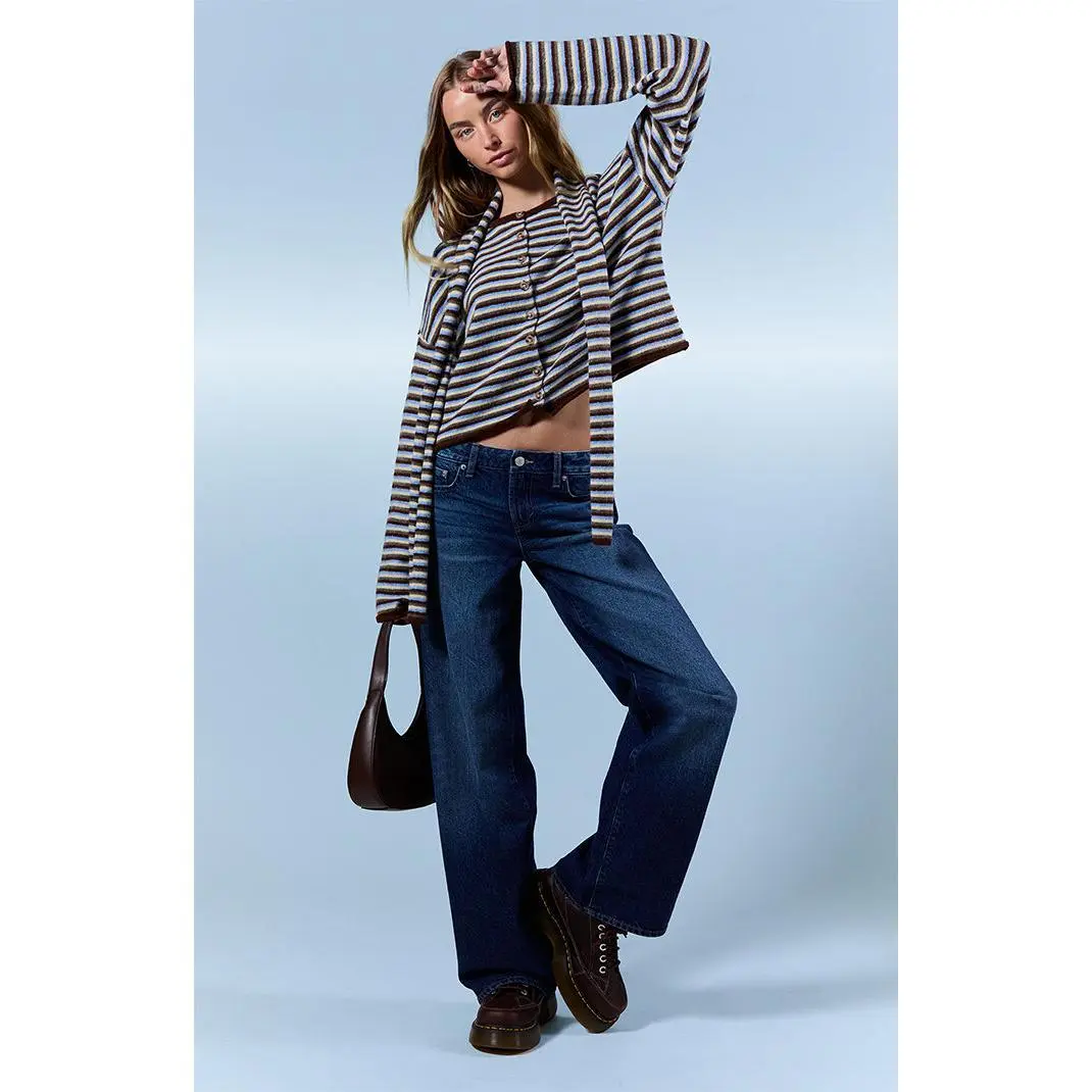 Pacsun Women's Casey Low Rise Baggy Jeans Button Flap Pocket Dark Blue