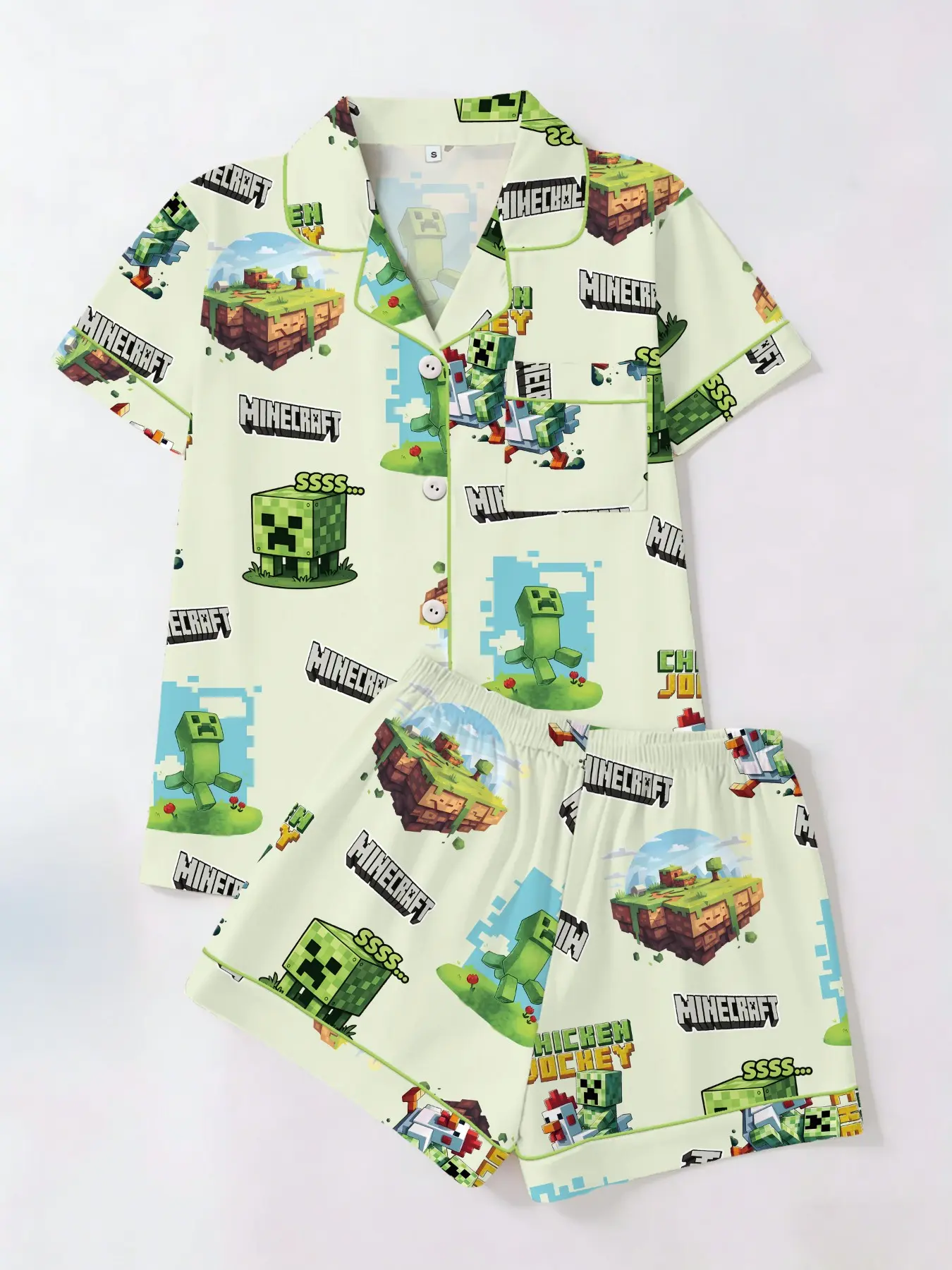 Trendy Minecraft-Inspired Sleepwear Set, Short Sleeve & Shorts Two-Piece Pajama, Casual All-Season Wear, Women's Home Comfort