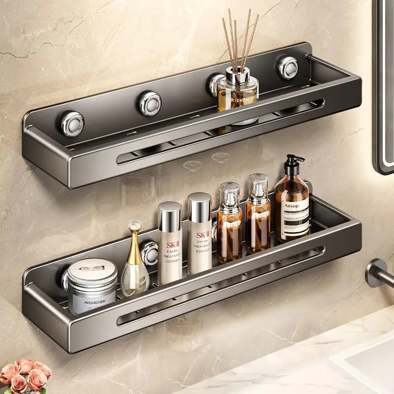 Gunmetal 50cm (19.7in) Invisible Heavy-Duty Single-Layer Bathroom Shelf - Wall Mount Space Aluminium Storage Rack, Adhesive No-Drill Suction Cup Indoor Organizer