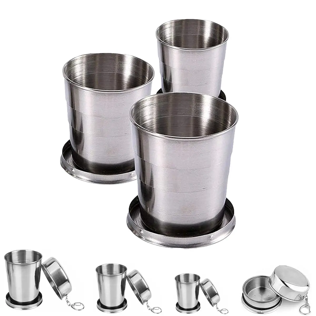 3-in-1 Collapsible Stainless Steel 3-Piece Cup Set - Travel Coffee Mug, Pocket Size, Hiking Camping Essential, Leak-Proof, Tasteless, Dishwasher Safe, with Lids & Keychain Clips, Gift for Outdoorsy Friends