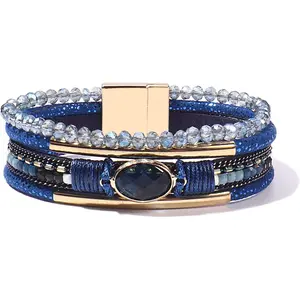 Leather Wrap Bracelets Crystal Beads Bracelet Boho Cuff Stone Charm Bracelets with Clasp Costume Jewelry for Women