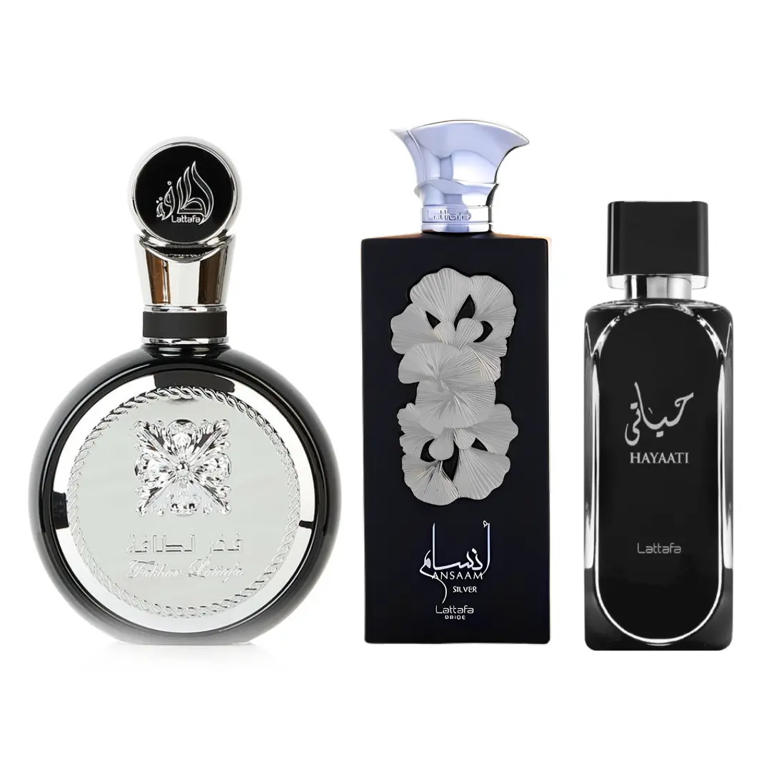 Lattafa Men's Strong 3-Piece Alcohol-Based Perfume Bundle - Limited Ed., Bold Citrus-Woody Multi-Scent Non-Toxic Boxed Packaged Fragrance: Fakhar Silver, Ansaam Silver, Hayaati (100ml Each), Multi-Scent Men's Fragrance