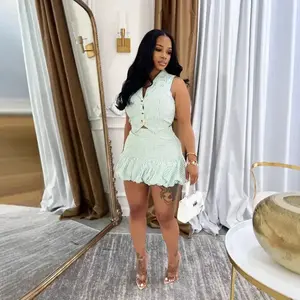 Spring/Summer 2025 New Arrival: a slimming, figure-hugging striped two-piece set for women featuring a vest and a bubble skirt; also available as a sleeveless fitted light gamis (checkered).