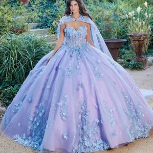 Lilac Quinceañera Dress with Long Cape | Princess Sweet 15 Gown with Floral Appliqués, Sparkle Details and Full Tulle Skirt
