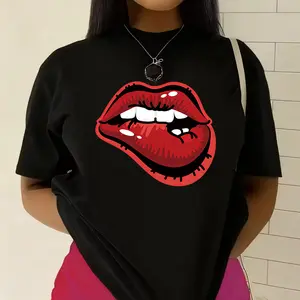 Vintage Missing Tooth Lips' Print T-shirt American Retro Style Casual Top