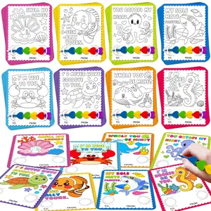 24Pcs Marine Animals Coloring Cards With 24 Stacking Crayons Set, Kids Coloring Cardstock for Home Doodle, Party Favors, Goodie Bags, Classroom Prizes, Birthday Gifts, School Exchange Gifts