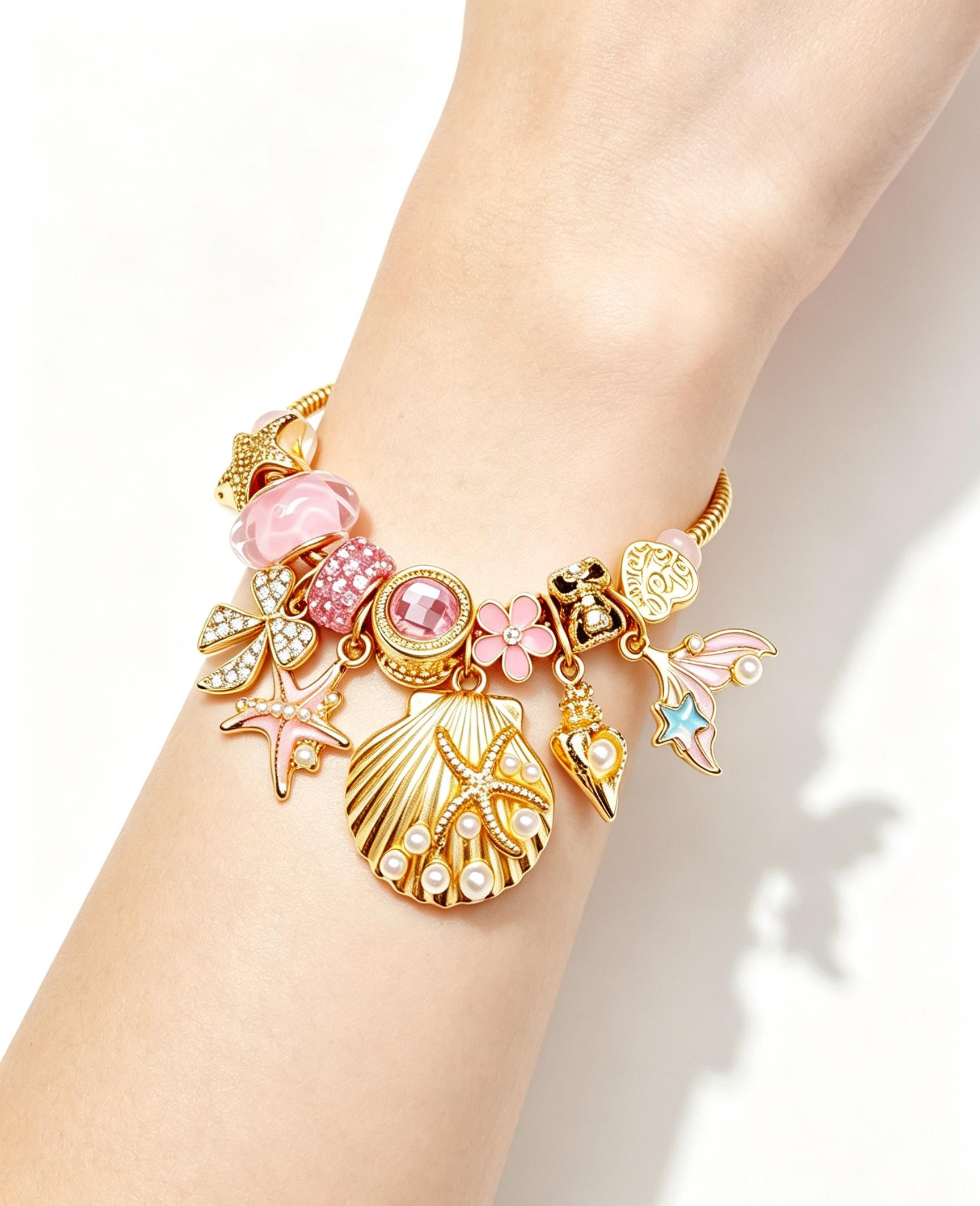 Ocean Mermaid Shell Charm Bracelet, Gold-Tone Adjustable Snake Chain Bracelet with Starfish Conch Pearl Dangle Charms, Pink Beach Themed Jewelry Gift for Women Girls