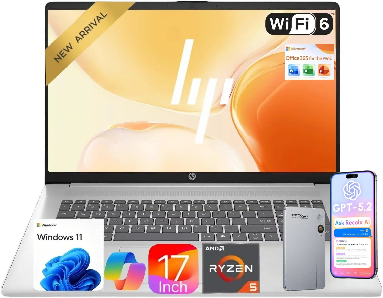 HP Flagship 17 Touchscreen Laptop Computer - 17.3" Anti-Glare HD+ Display, Windows 11 Pro,Office 365 Web Version, Copilot, AMD Ryzen 5 7430U (up to 4.3GHz), Wi-Fi 6, Numeric Keypad, 16/32/64GB RAM, 512GB/1TB/2TB SSD, AI Voice Recorder