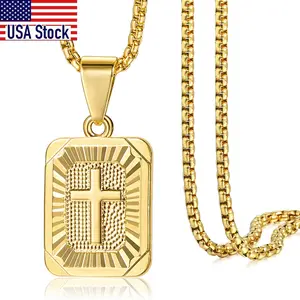 Square Cross Pendant Necklace Golden Charm Stainless Steel Box Chain for Men Women