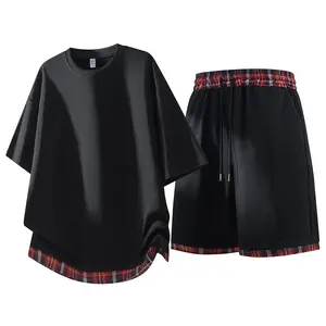 Plaid-Patchwork 2-Piece Set Mens Streetwear Casual Outfit with Contrast Plaid Hem, Elastic Waistband & Adjustable Drawstring for Daily Wear & Summer Outings