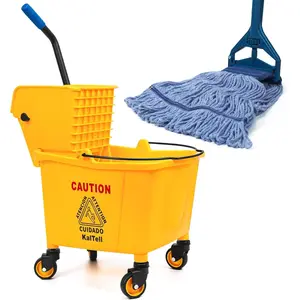 35-quart commercial mop bucket with side press wringer, wheels, and one industrial mop for floor cleaning; suitable for home and business areas; rectangular janitorial cleaning supplies