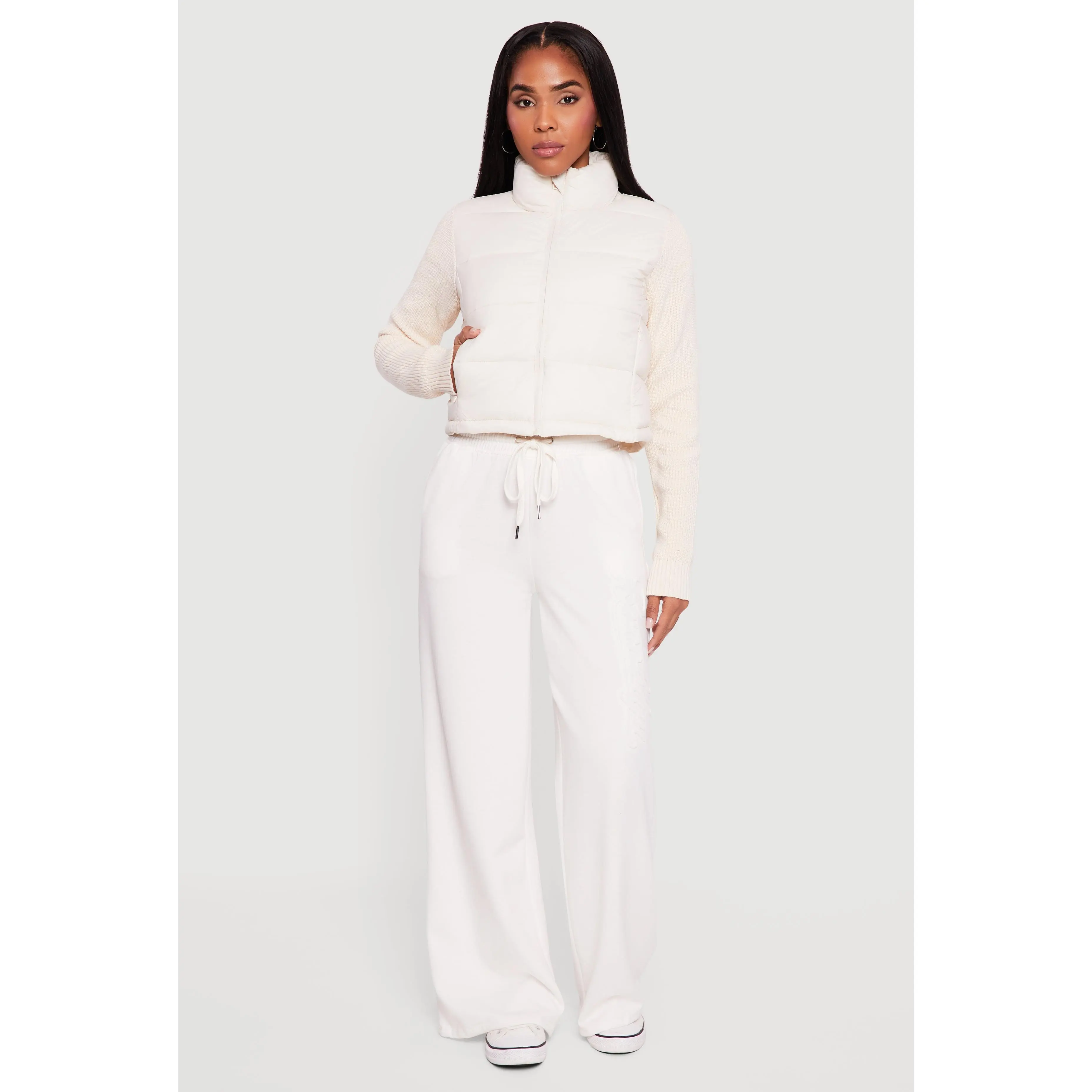Mock Neck Zip Front Knit Sleeve Puffer Jacket