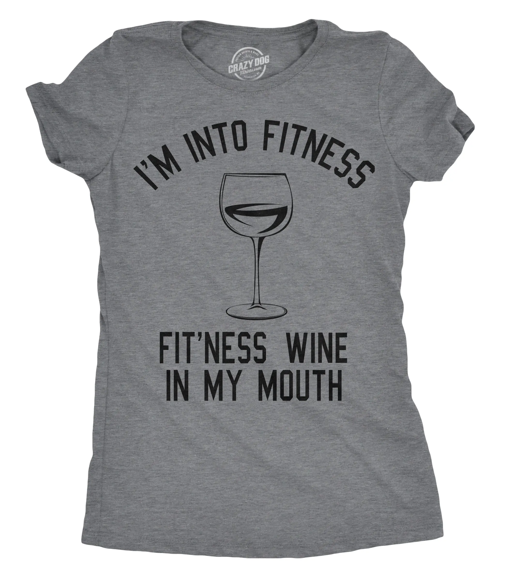 Womens Im Into Fitness Wine In My Mouth T Shirt Funny Drinking Vino Tee for Ladies Funny Womens T Shirts Cute Vintage Fashion Casual Ladies T-Shirt Gift Fitness Tops for Women Funny Drinking Top Women's Novelty Dark Grey
