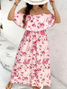 Plus Size Floral Print off Shoulder Dress, Casual Summer Fashion, Elegant Women's Clothing, Comfortable and Stylish