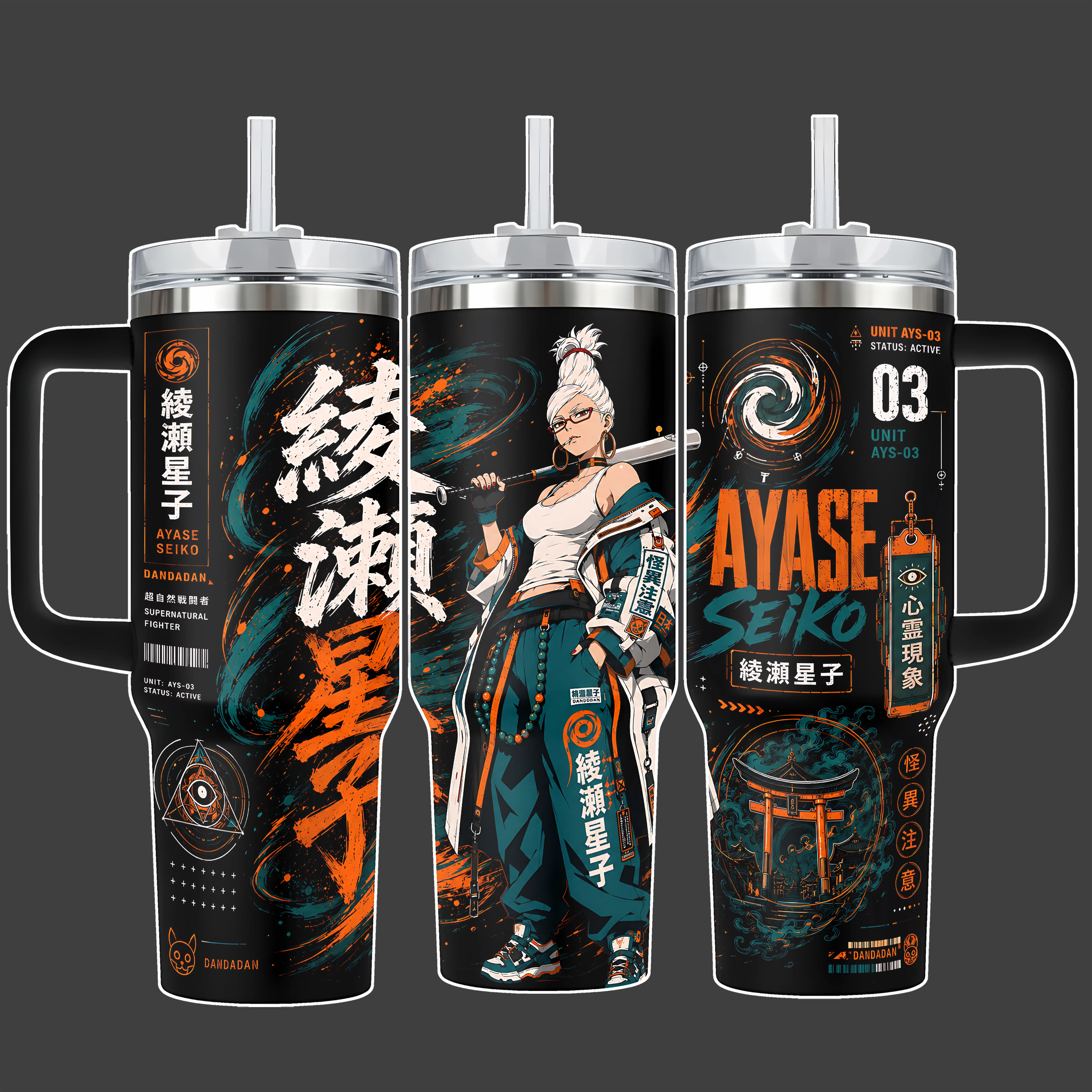Dandadan Seiko Ayase Supernatural Spirit Medium Anime Tumbler Cup, Orange Teal Black Full Wrap Stainless Steel Insulated 20oz/40oz With Straw Lid Included, 40oz Handle Option