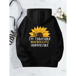 Women's Black "I'm Sunshine Mixed with a Little Hurricane" Graphic Hoodie - Long Sleeve Casual Hooded with Sunflower & Butterfly Design, All-Season Comfort, Machine Washable Womenswear Sweatshirts Tops Pullover