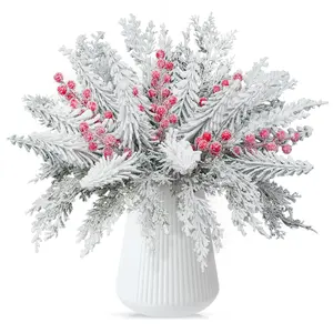 30 Pcs of snowflake effect artificial Christmas pine branches with red berry branches and artificial leaf and pine needle decorations, suitable for DIY handmade wreaths and home decoration.