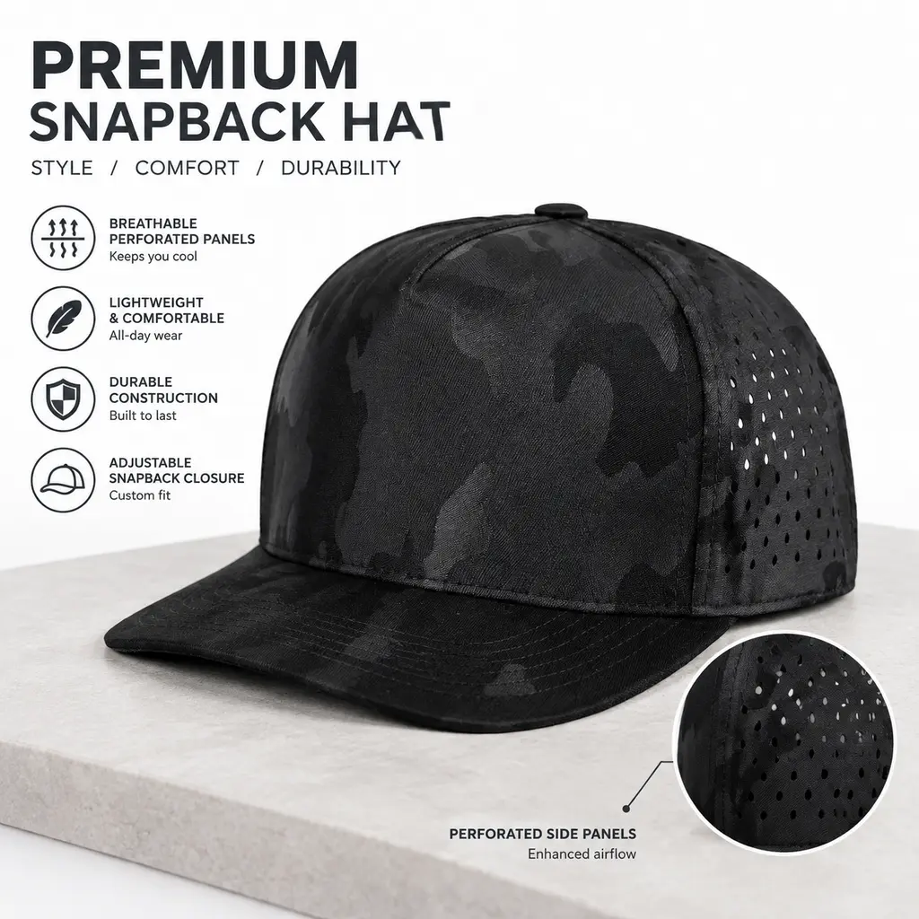 Camouflage Perforated Snapback Hat Flat Bill Breathable Baseball Cap Lightweight Adjustable Quick Dry Sun Hat Unisex Outdoor Sport Streetwear Hat for Men Women