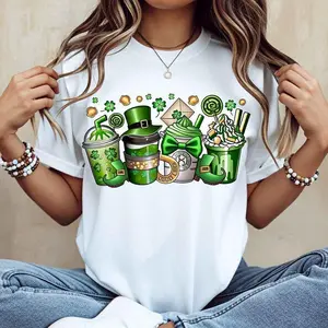 Women Casual T-Shirt White St Patrick Day Coffee Cup And Leprechaun Hat Design For Festival Celebration