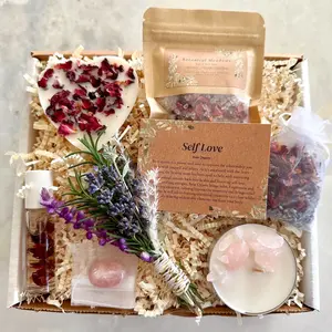 Self Love Floral Spa Crystal Gift Box, Mental Health Self-Care Package, Organic Love and Support Basket, Stress Relief Body Care Set