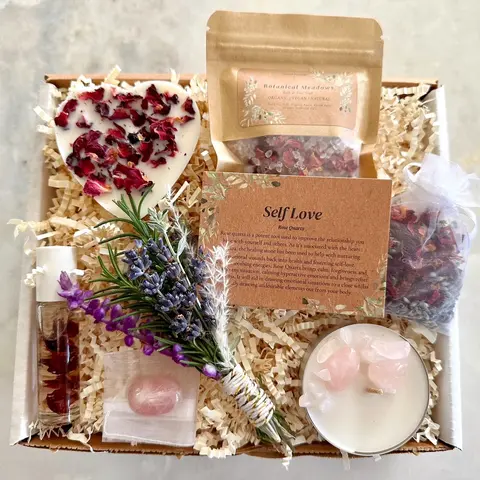 Self Love Floral Spa Crystal Gift Box - Organic Stress Relief Body Care Set with Vanilla Soap, Lavender, Avocado & Flower for Mental Health Support (Home & Festive Party Gift Basket)