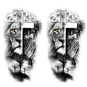 2 Sheets Waterproof Fake Forest Lion Jesus Cross Old School Arm Leg Temporary Tattoo
