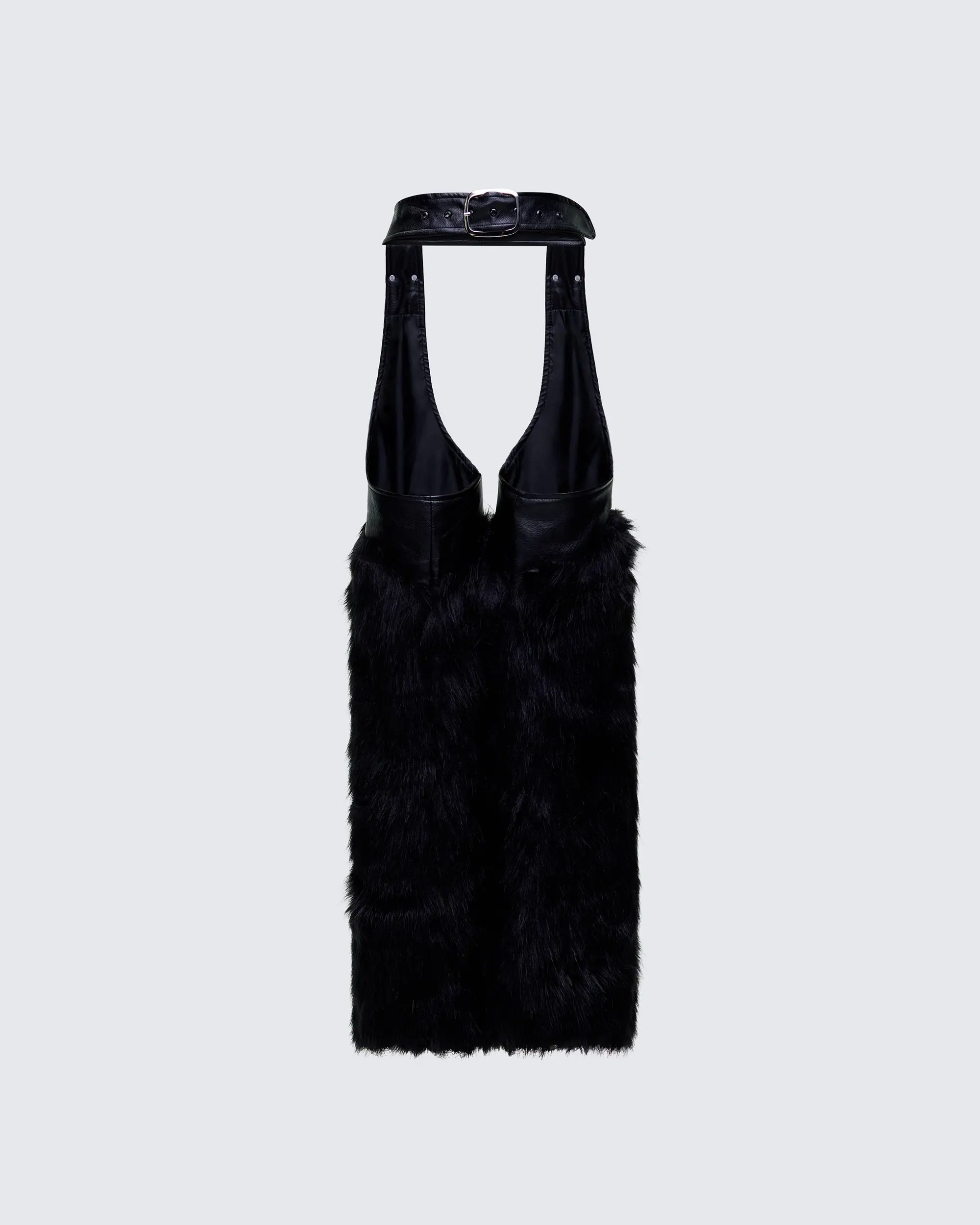 Women's Black Polyester Chaps in Shiny Faux Leather, Open-Front Style with Faux Fur Leg Warmer Trim and Adjustable Belt, Leg Warmers, Buckle, Leather & Faux Leather