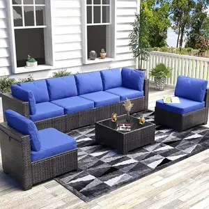 Gaomon 7 Piece Outdoor Patio Furniture Set, PE Rattan Conversation Sofa Set, Wicker Patio Set w/Thick Cushions & Glass Top Coffee Table, All-Weather Outside Furniture for Garden, Balcony, Porch(Brown+Blue)