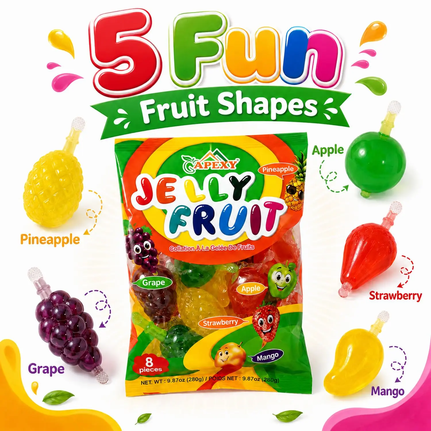Apexy Jelly Fruit, Tiktok Candy Trend Items, Tik Tok Hit or Miss Challenge, Assorted Fruit Shaped Jelly, Strawberry, Mango, Apple, Pineapple, Grape. 9.87oz.