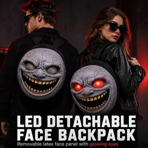 Creepy Grinning Face Backpack, Horror Gothic Style, Detachable Latex Mask, Spooky DIY Light Strip, Unisex Scary Backpack for Halloween