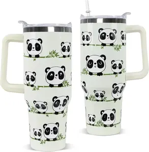 40 oz Reusable Cute Panda Stainless Steel Insulated Tumbler Mug - Bamboo-Themed Kitchenware Drinkware with Handle, Straw, Lid, Portable Women's Birthday Gift