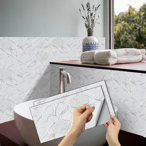 6/12/24/48PCS FG Retro Tile Stickers | PVC Crystal Film Light White Marble Moroccan Pattern | Rectangle Peel & Stick Backsplash | Self-Adhesive Waterproof Oil-Proof for Kitchen Bathroom Floor Tile Wooden Surface Home Decor