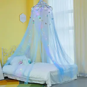 Bed Canopy for Girls Room Bed Canopy Curtains with Led Lights Mosquito Net DIY Princess Room Decor with Stars Butterflies for  Bedroom, Blue
