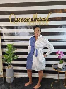 Pin Stripe Tie Dress Casual Women's Cotton Button Long Sleeve Summer Top