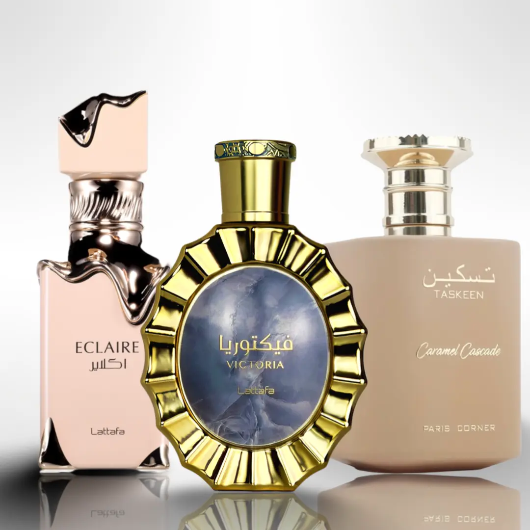Lattafa Unisex EDP Spray Multi-Pack Gift Bundle - Victoria, Taskeen Caramel Cascade, Eclair (3.4 fl oz/100ml Each) with Floral Fruity, Woody, Gourmand Scents & Vanilla Notes