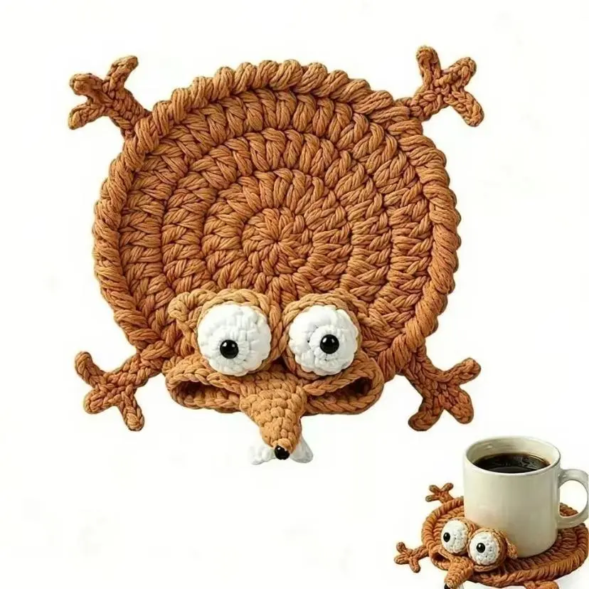 3D Squirrel Phone Holder - Funny Hand-Crocheted Coaster, Cute Handmade Mug Rug, Novelty Desk Decor, Unique Whimsical Drink Mat for Coffee Lovers (Yellow, Gift)
