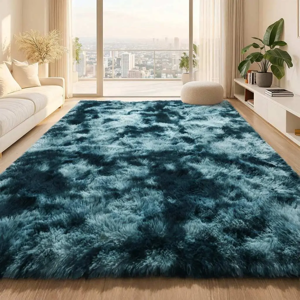 XEXSIN Minimalist Solid Peacock Blue Fluffy Area Rug - Ultra Soft Plush Shaggy, Non-Slip, Machine Washable for Living Room, Bedroom, Kids' Spaces, Home Decor, Minimalist Solid Rug
