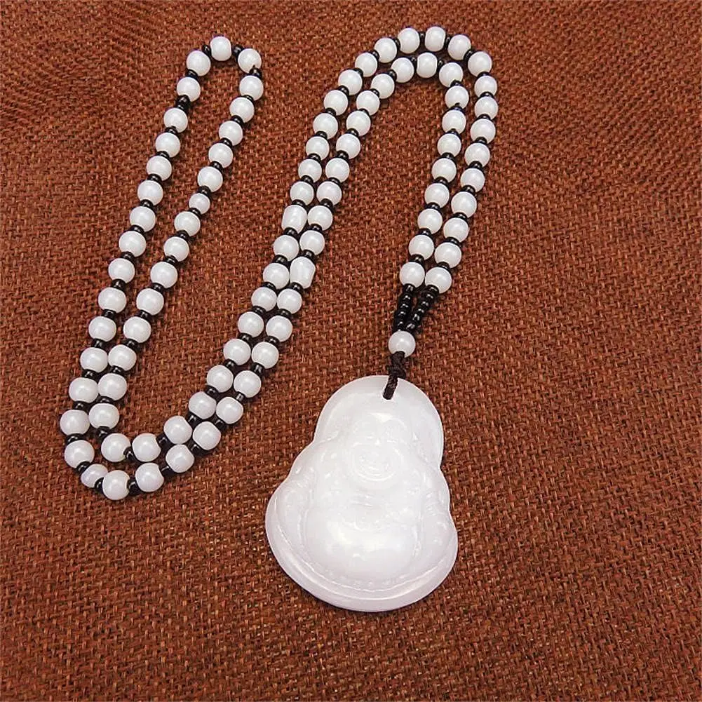 Laughing Buddha Pendant Necklace Green Black Imitation Jade Buddha Guanyin Crystal Beaded Rope Chain Gemstone Lucky Amulet Jewelry for Women Men-white buddha