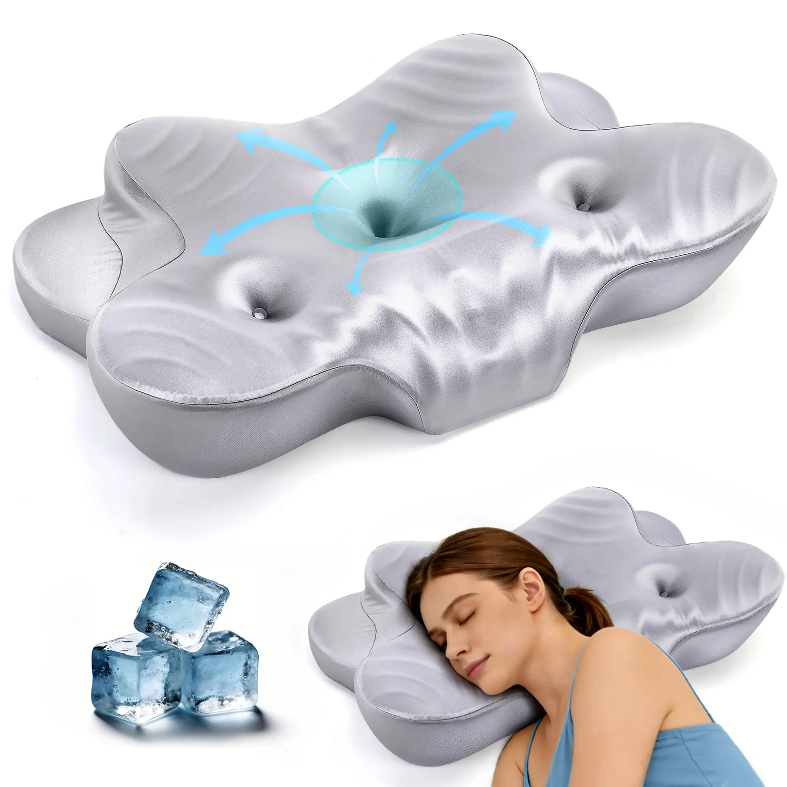 CCidea Contoured Memory Foam Pillow - Ice Silk Satin Adjustable Nylon Cervical Neck Pillow with Memory Foam Cushioning, Cooling, Ergonomic Support for Side/Back Sleepers