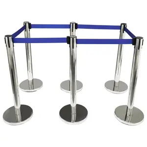 Yokoma 6 PCS Stainless steel telescopic isolation fence Stainless Steel Stanchions Posts Crowd Control Barrier with Blue Belts Posts Covers and Bases，Free to contract and move freely