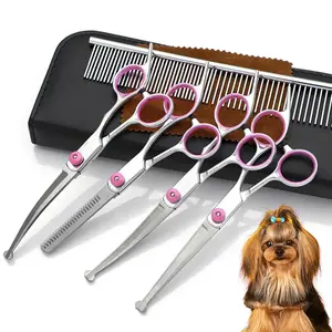 Professional Pet Grooming Scissors Set, 4-Piece Stainless Steel Dog Cat Trimming Kit，Round-Tip Safety Pet Scissors with Thinning/Straight/Curved Shears, Comb Included