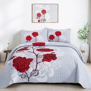Floral Quilt Set  Size,Elegant Red Floral Printed Bedspread Coverlet 3 count Soft Microfiber Bedding Set with 2 Pillowcases for All Season(96"x90")