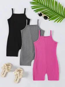Baby Girls Solid Color Ruched Halter One-Piece Set, Three-Piece for Sports and Outdoor Activities, Comfortable and Stylish