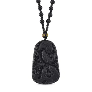 Obsidian 340.00 ctw Carved Pendant with Beaded Necklace 26 Inches