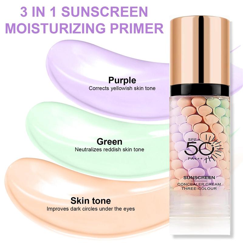 3-in-1 Color Correcting Primer SPF 50, Moisturizing Sunscreen Makeup Base Oil Control Pore Blur Brightening